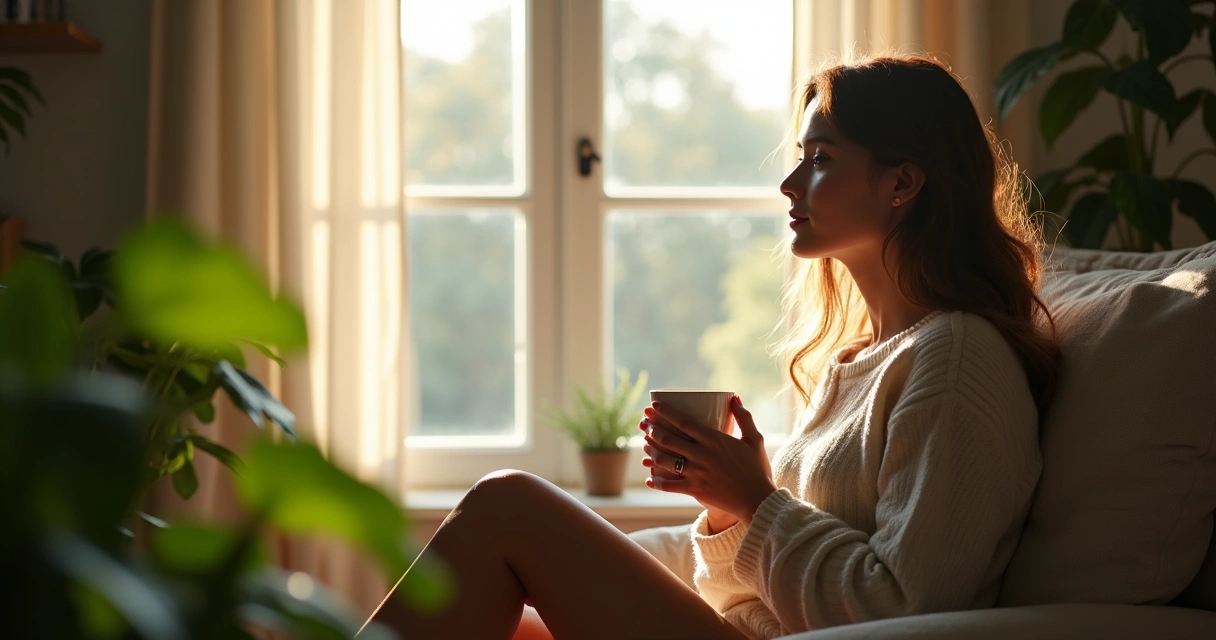 Pessoa sentada calmamente olhando para janela e segurando caneca