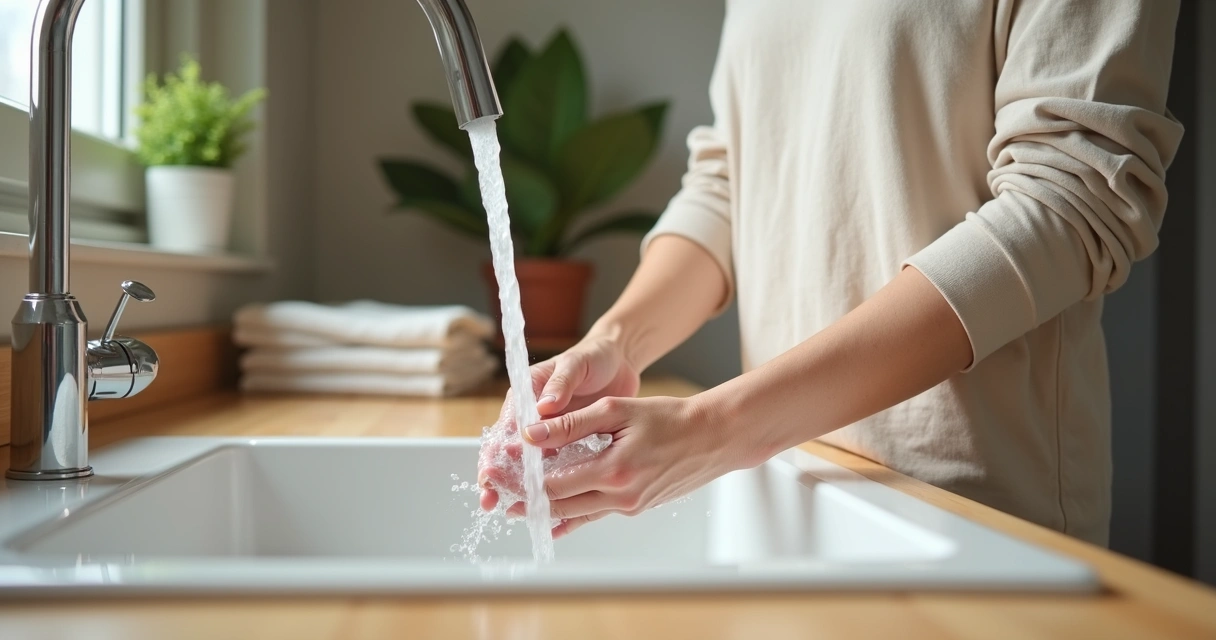 Pessoa lavando louça com atenção plena em uma cozinha iluminada 