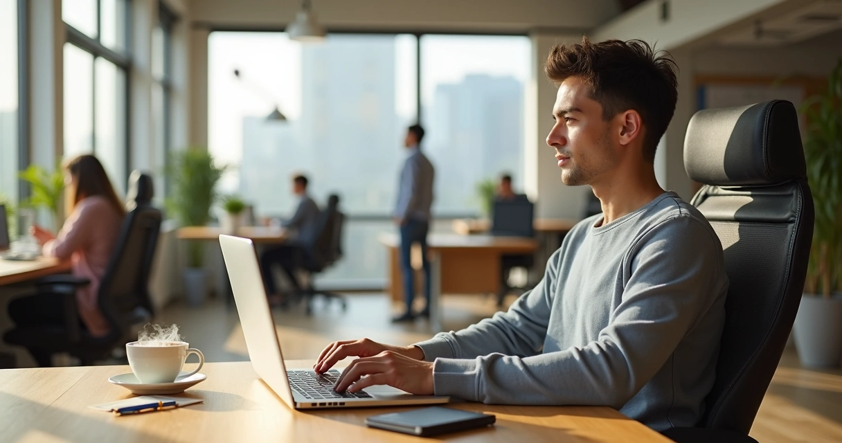 Profissional sentado à mesa de trabalho praticando presença com postura calma e atenta 