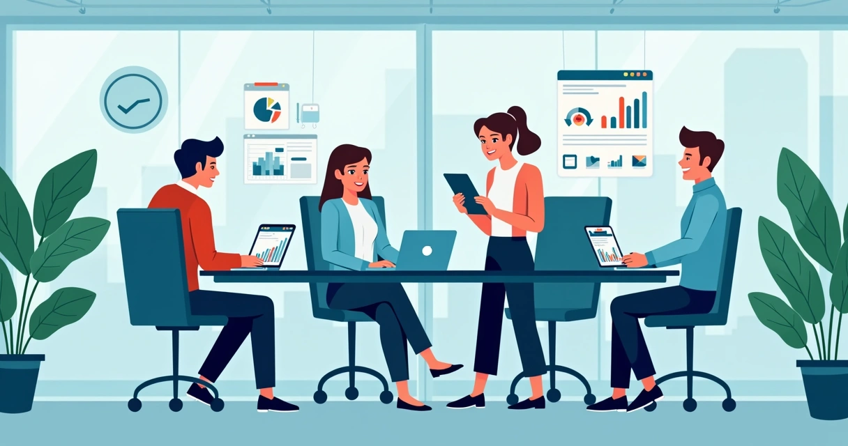 Contadores analisando dados em computadores, gráficos e redes sociais ao fundo 