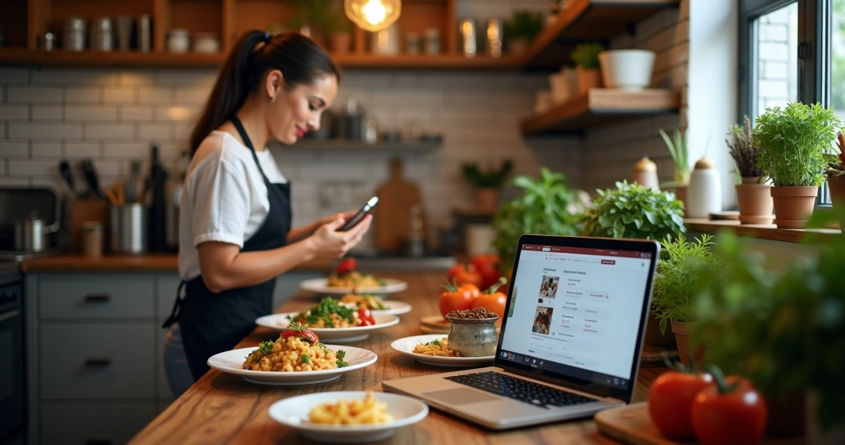 Equipe de cozinha tirando foto de prato para redes sociais 