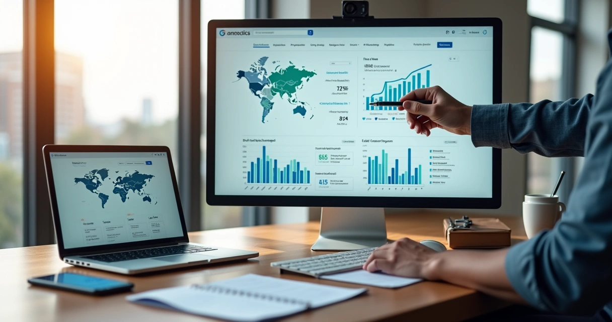 Empresário analisando painel digital de presença online do site 
