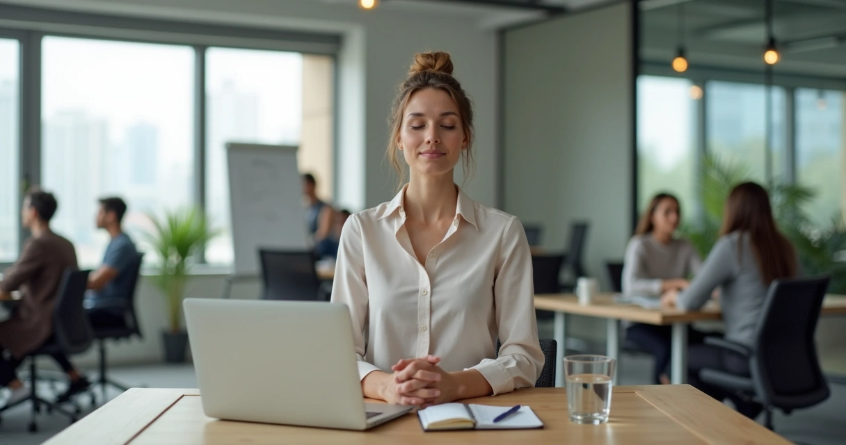 Profissional sentado em mesa de escritório praticando respiração consciente no trabalho 