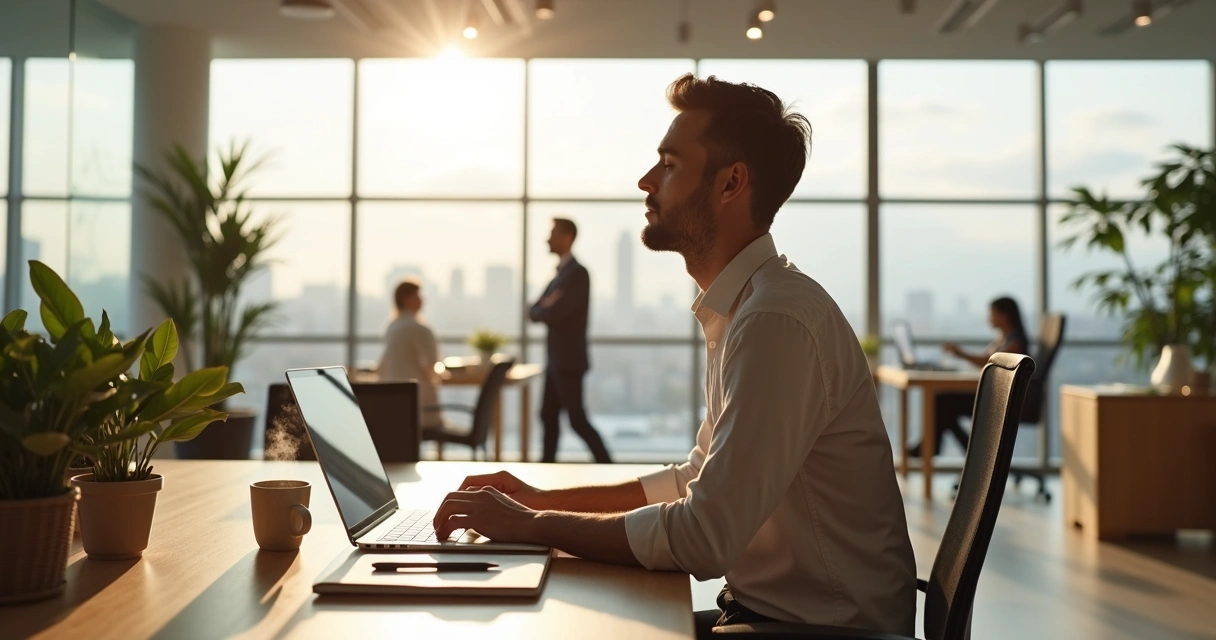 Profissional sentado à mesa de trabalho praticando presença plena em ambiente de escritório calmo 