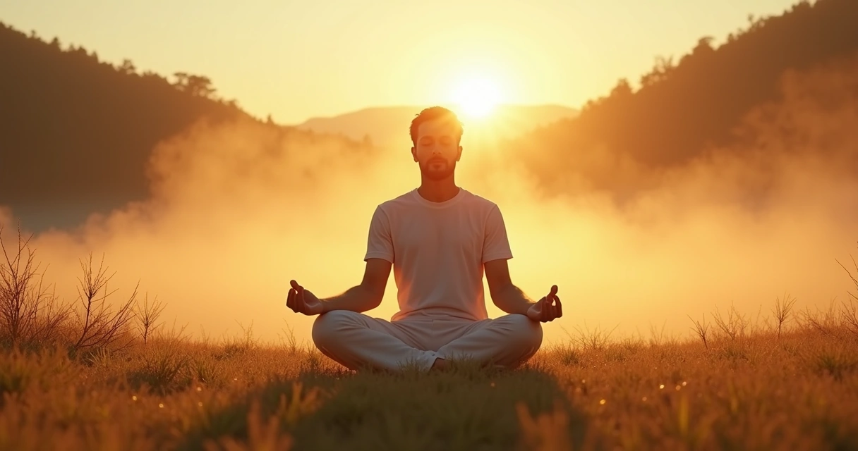Homem meditando em postura tranquila, luz suave ao redor, cenário de natureza ao fundo. 
