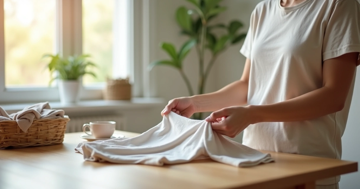 Pessoa concentrada dobrando roupas em uma mesa organizada 