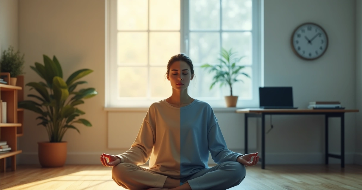 Pessoa meditando com metade do corpo relaxada e metade tensa simbolizando presença plena e autocontrole 