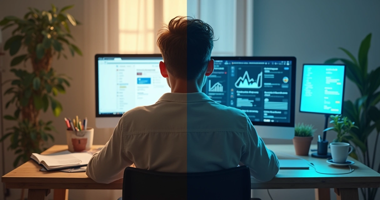 Pessoa dividida entre foco calmo e excesso de telas multitarefa 