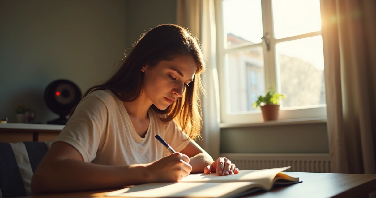 Pessoa sentada à mesa, focada em tarefa com caderno e caneta, ambiente com luz suave 