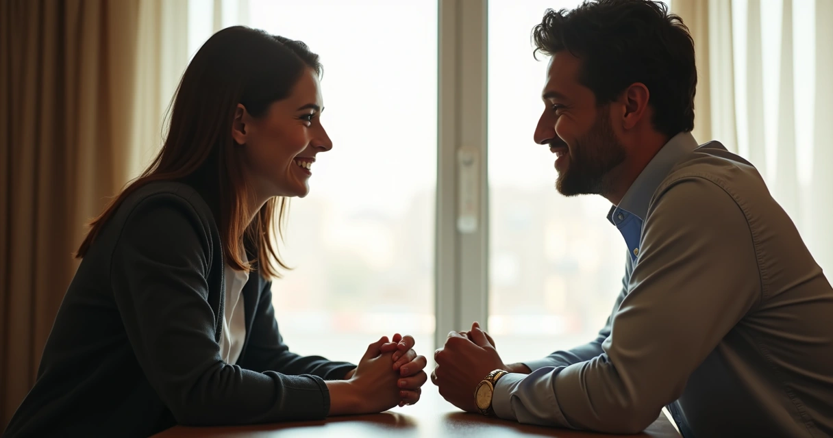 Duas pessoas se olhando nos olhos ao conversar com atenção plena