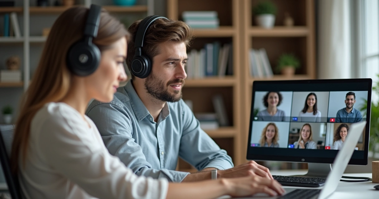 Homem usando notebook em uma reunião virtual com expressão atenta 