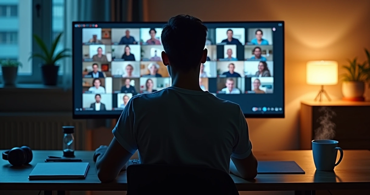 Pessoa focada em frente ao computador com mosaico de telas de reunião virtual ao fundo 