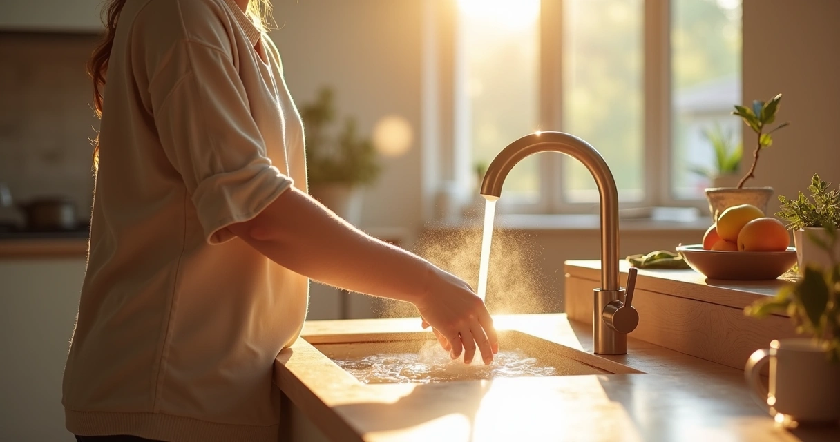 Pessoa lavando louça com atenção plena em cozinha iluminada 