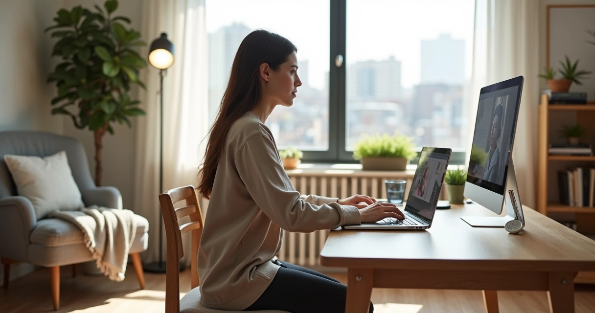 Profissional em home office mantendo equilíbrio entre foco no trabalho e bem-estar 