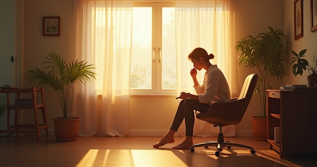 Person reflecting near a window, sunlight casting shadows 