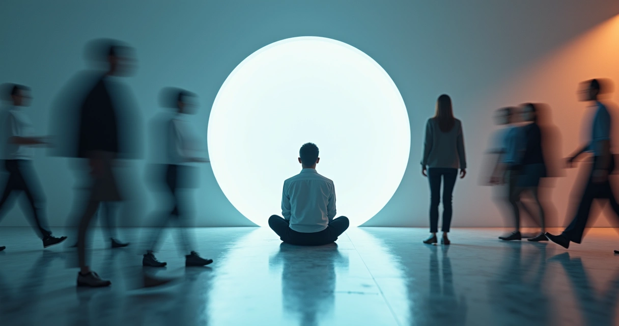 Person sitting calmly in a circle, demonstrating self-regulation while others move around 