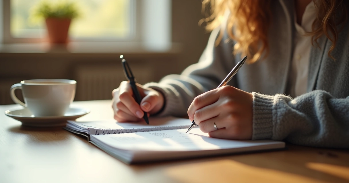 Persona revisando gastos personales en una libreta, con ambiente relajado.
