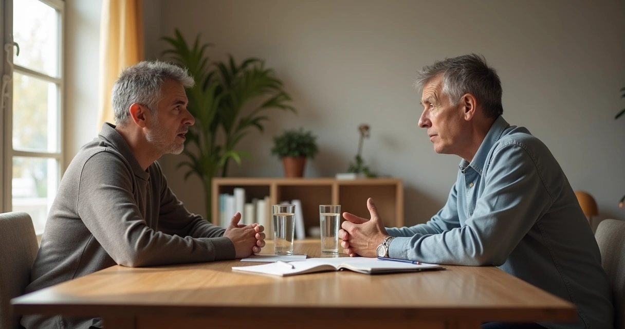 Dos personas dialogando con calma en una conversación difícil en una sala luminosa 