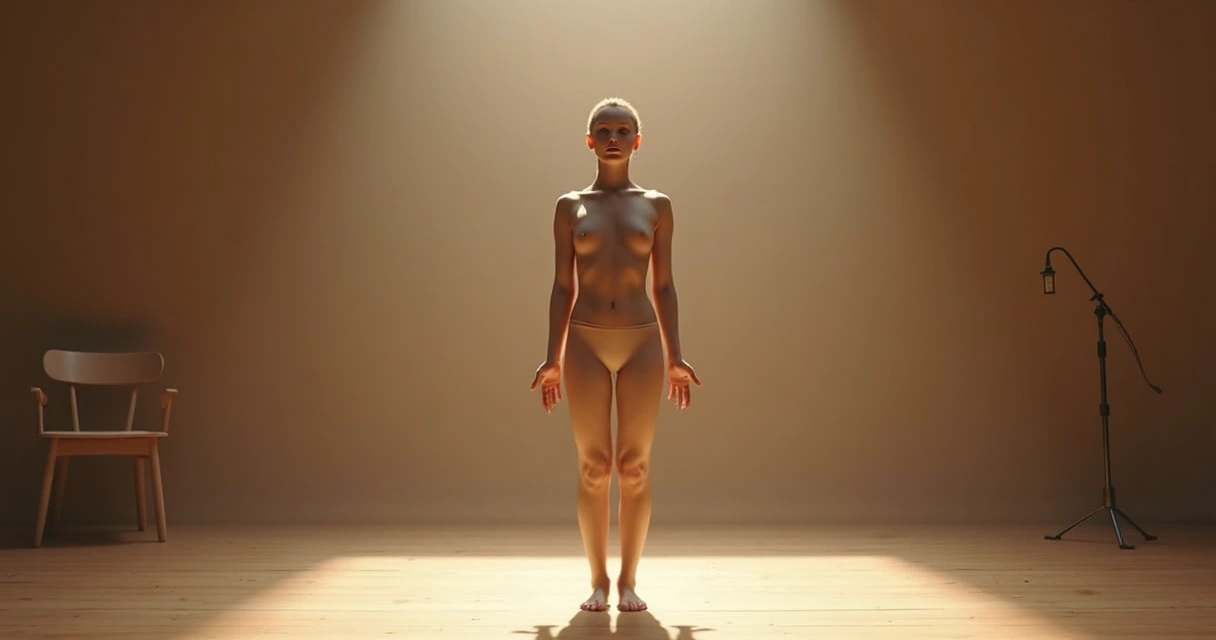 Persona de pie en escenario pequeño practicando presencia consciente con cuerpo y voz 