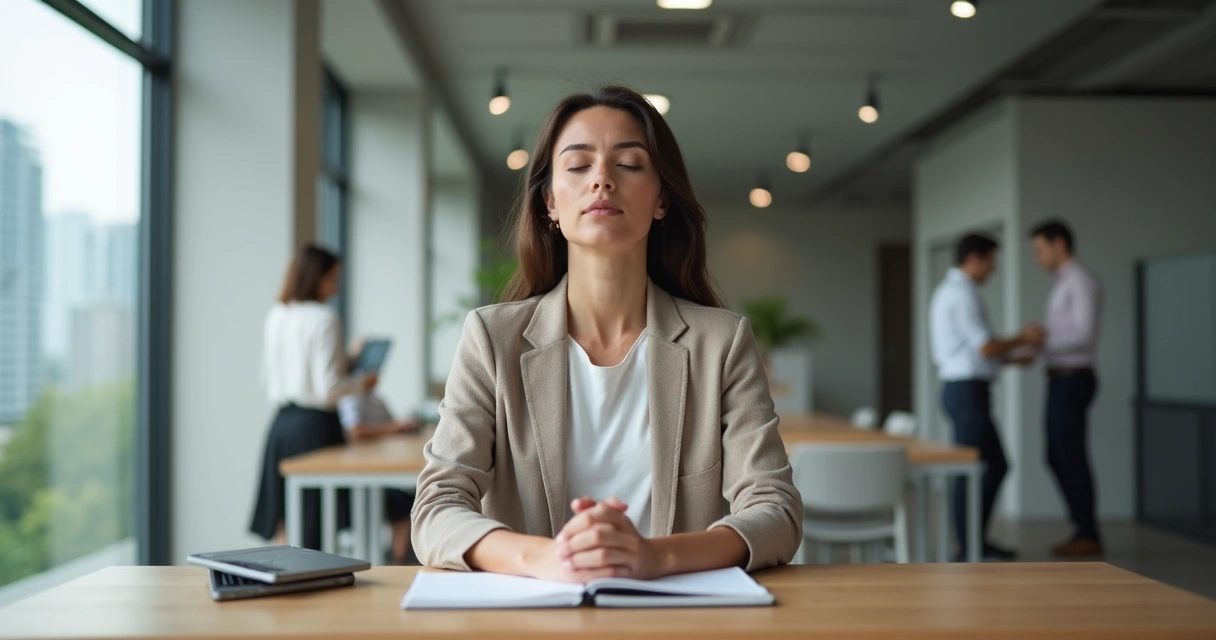 Profesional sentado en oficina moderna practicando presencia consciente en el trabajo 