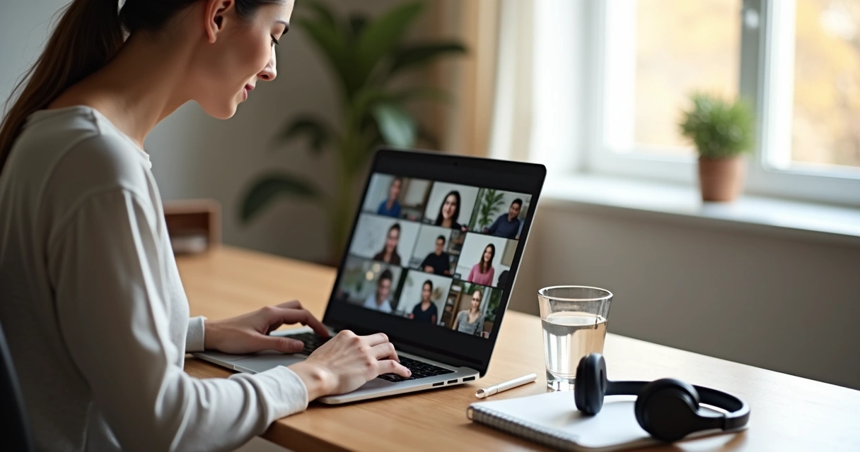 Profesional en videollamada sentado erguido y atento frente al ordenador portátil 