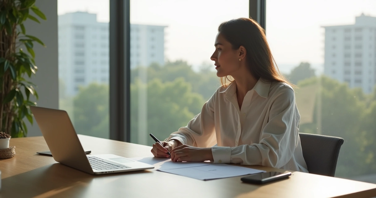 Persona sentada frente a una ventana grande tomando una decisión con calma y concentración 