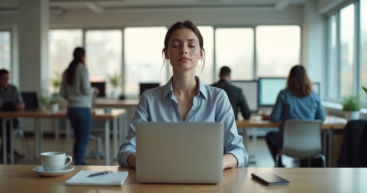 Profesional en oficina practicando presencia consciente frente al ordenador 