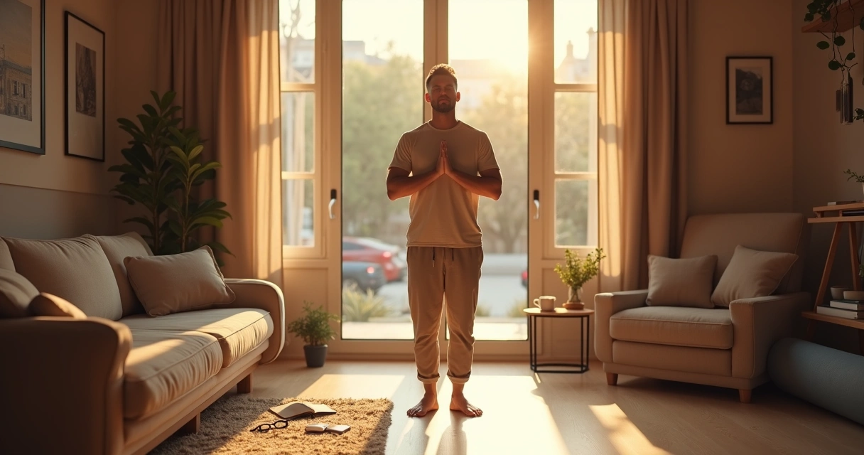 Hombre en sala de estar haciendo una pausa consciente entre actividades cotidianas 