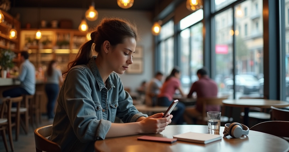 Persona concentrada usando el móvil en una cafetería mientras todo alrededor está desenfocado 