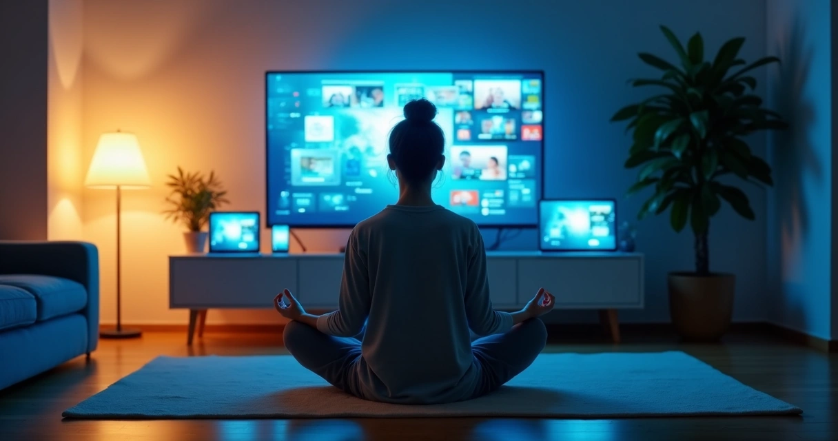 Persona meditando en un salón mientras varias pantallas encendidas lo rodean 