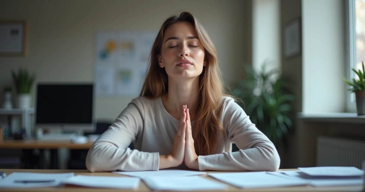 Persona sentada en la oficina, ojos cerrados, respirando profundo