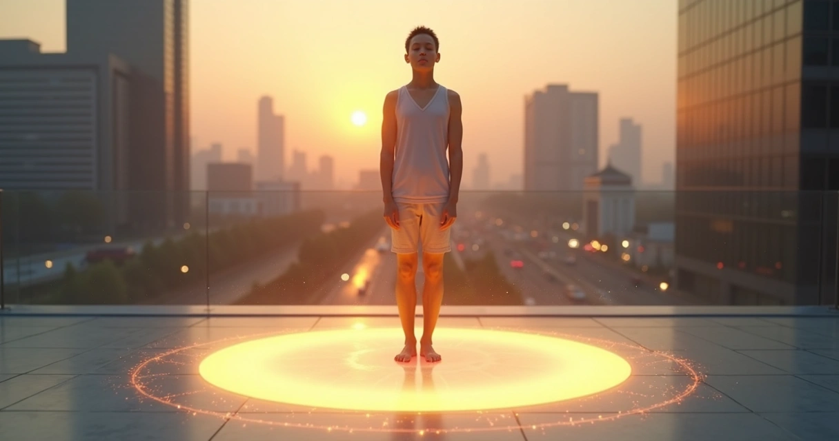 Persona meditando de pie sobre un círculo de luz en una azotea urbana al amanecer 