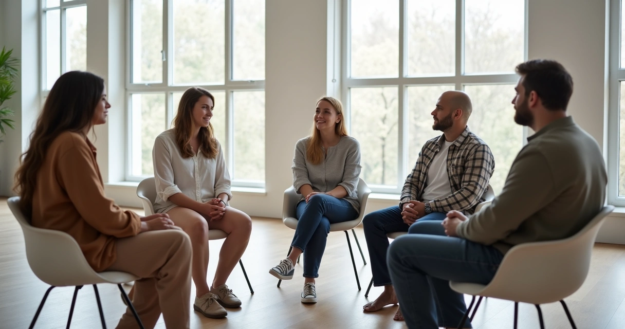 Cinco personas sentadas en círculo en una sala, atentos y en silencio 