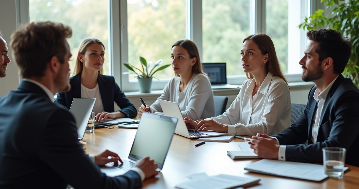 Personas sentadas en una mesa de oficina con laptops, concentradas y serenas. 