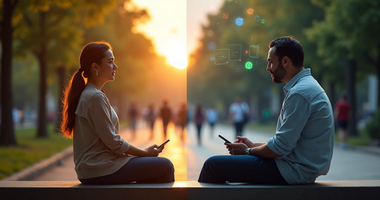 Persona sentada en un banco urbano dividida entre calma consciente y distracción con el móvil 