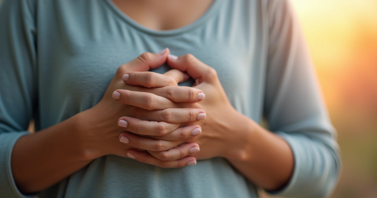 Manos de una persona entrelazadas sobre el pecho, fondo borroso y cálido