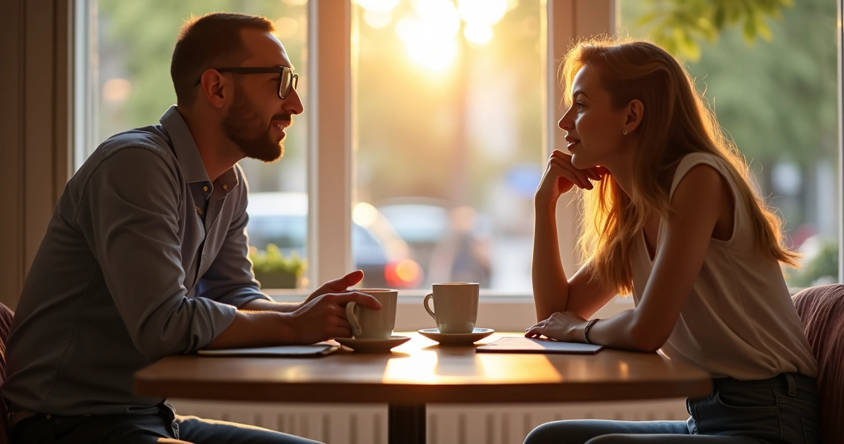 Two people sitting together, focused on conversation