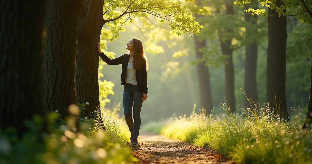 Woman walking alone on a forest path paying attention to the surroundings 
