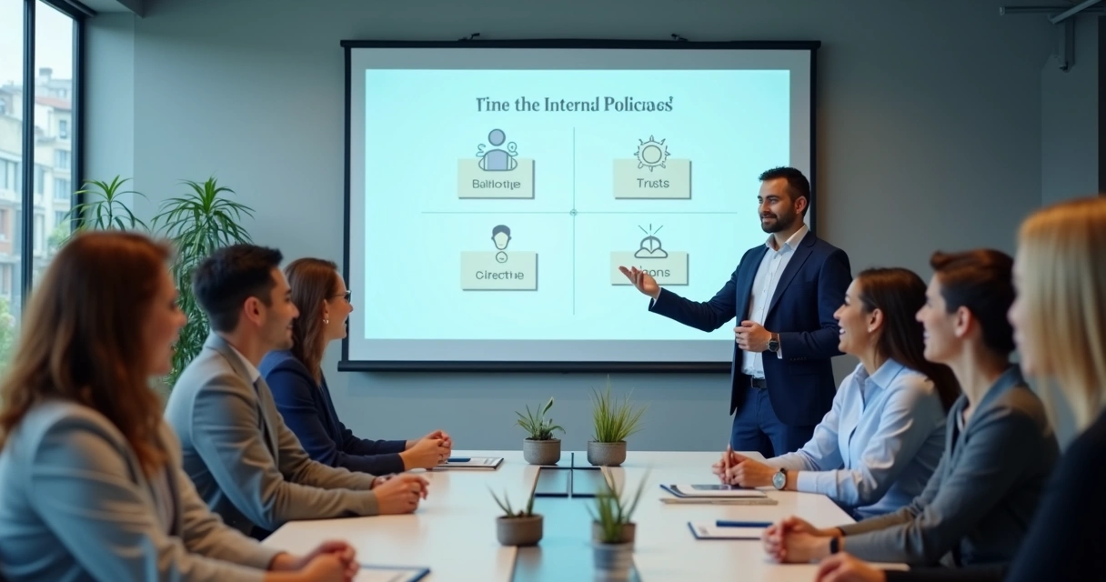 Presentación de políticas internas a empleados en una sala moderna