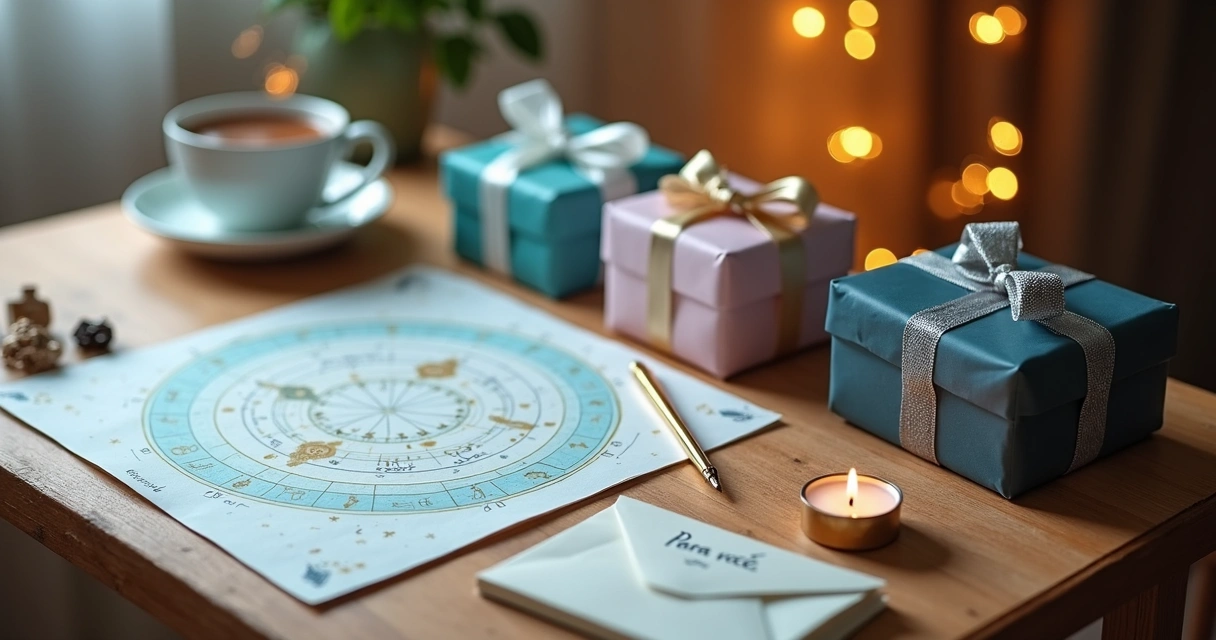 Mesa com presentes de aniversário coloridos ao lado de um mapa astral impresso iluminado por luz suave 