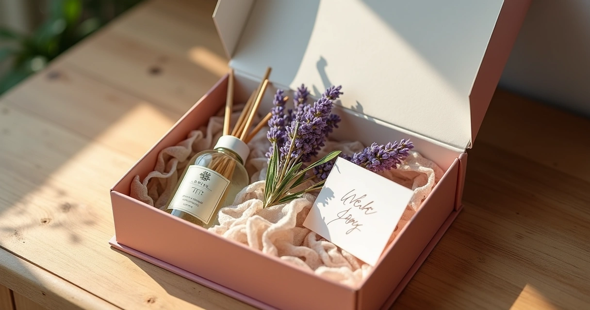 Caixa presente com aromatizador floral e laço decorado 