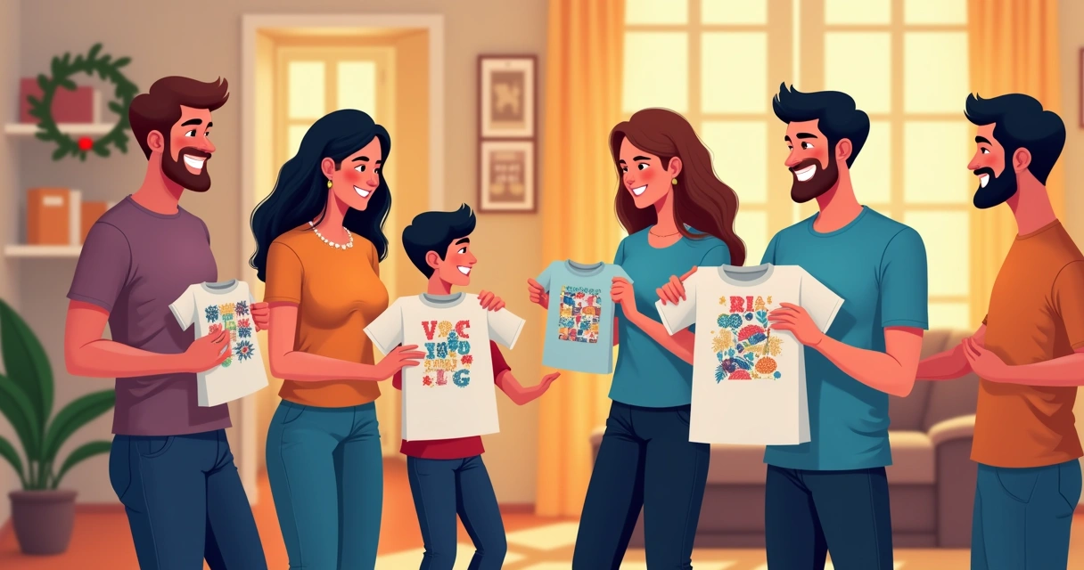 Família e amigos sorrindo ao ganhar camisetas personalizadas de presente 