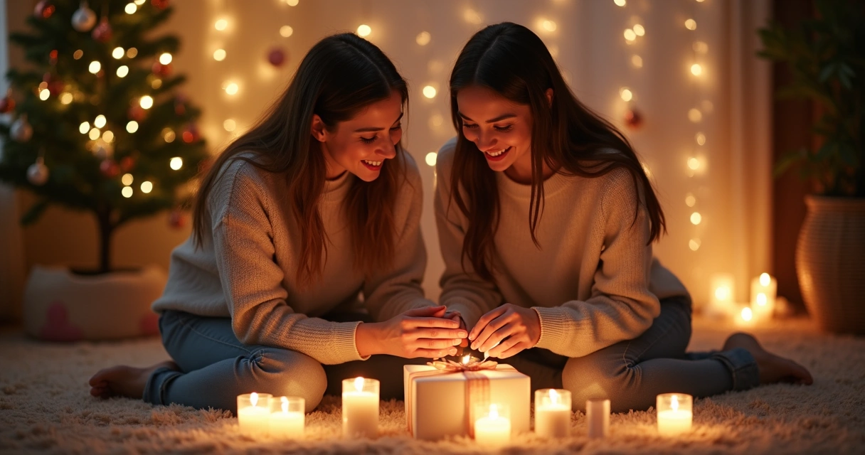 Casal sentado no chão trocando presentes e sorrindo 