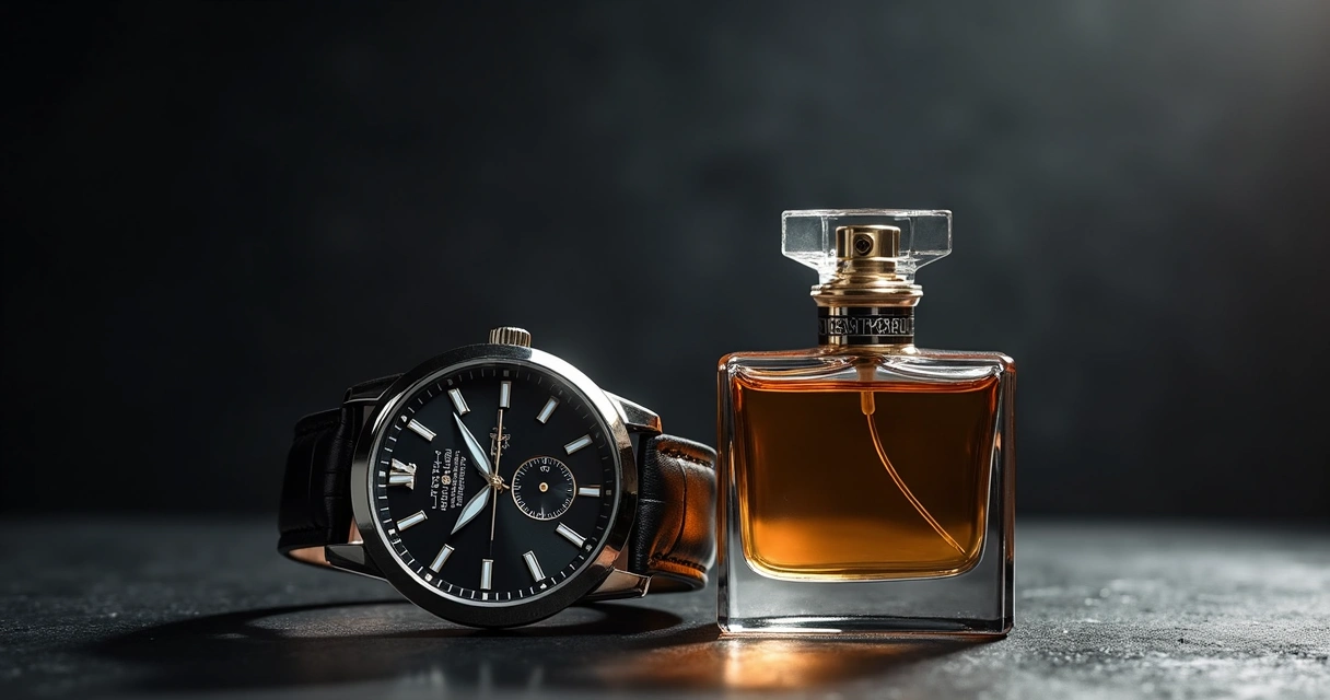 Relógio elegante e perfume masculino em um fundo escuro sofisticado.