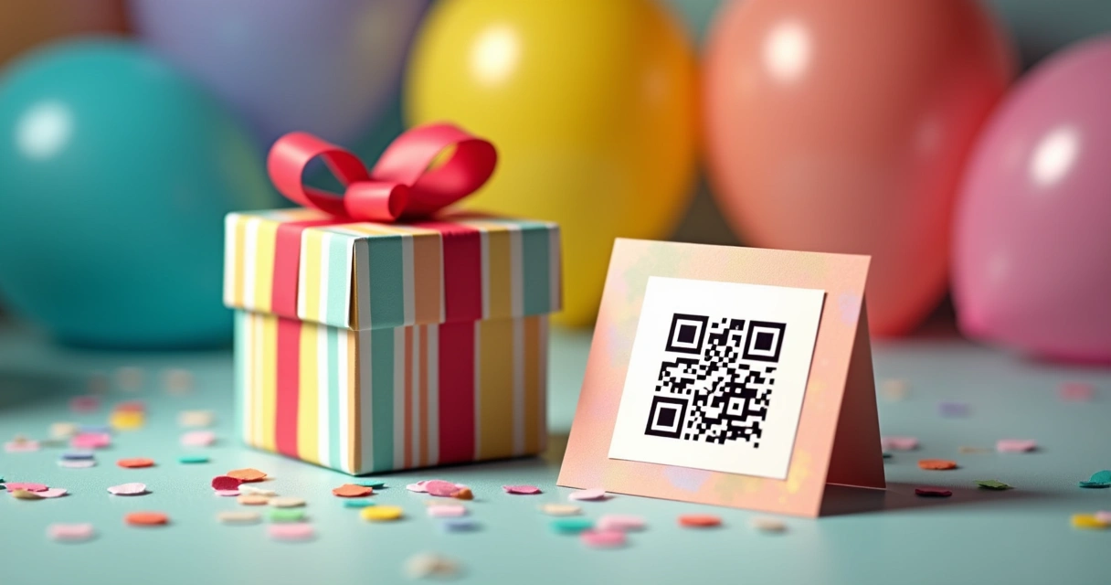 Cartão de aniversário com QR Code impresso ao lado de presente decorado 