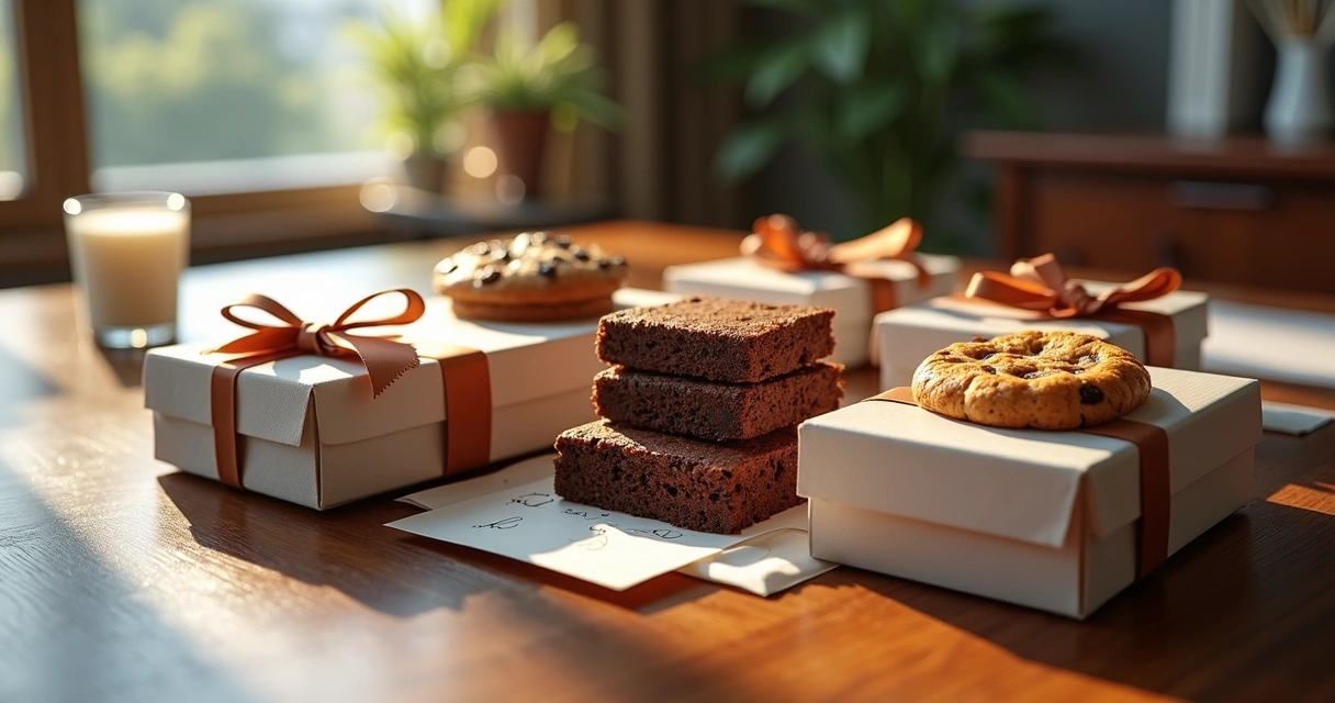Caixas de doces artesanais organizadas em mesa de escritório 