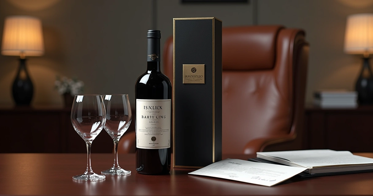 Presente corporativo com vinho personalizado em uma mesa elegante 