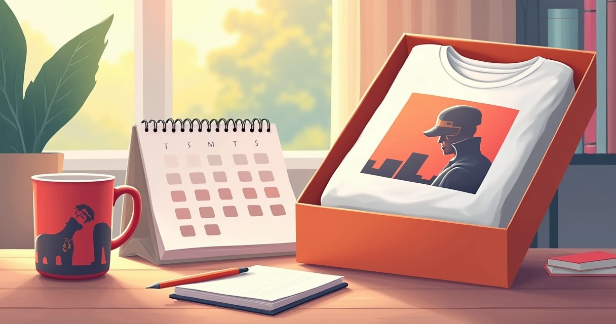 Camiseta personalizada em caixa de presente ao lado de caneca e calendário personalizados sobre mesa de café 