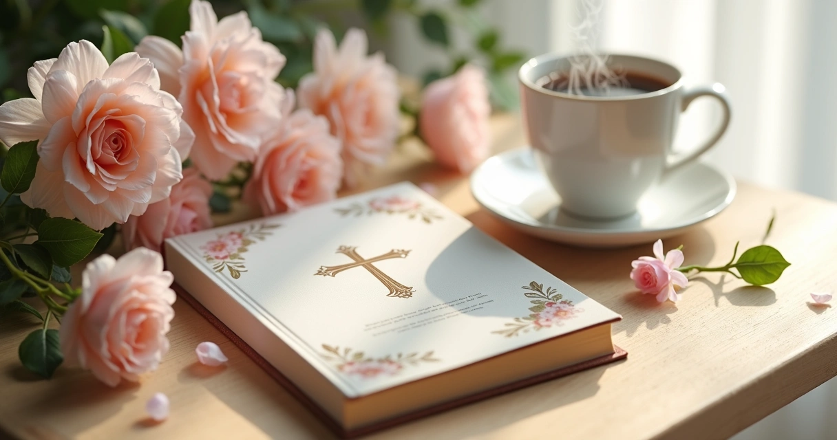 Livro devocional sobre mesa com flores e caneca