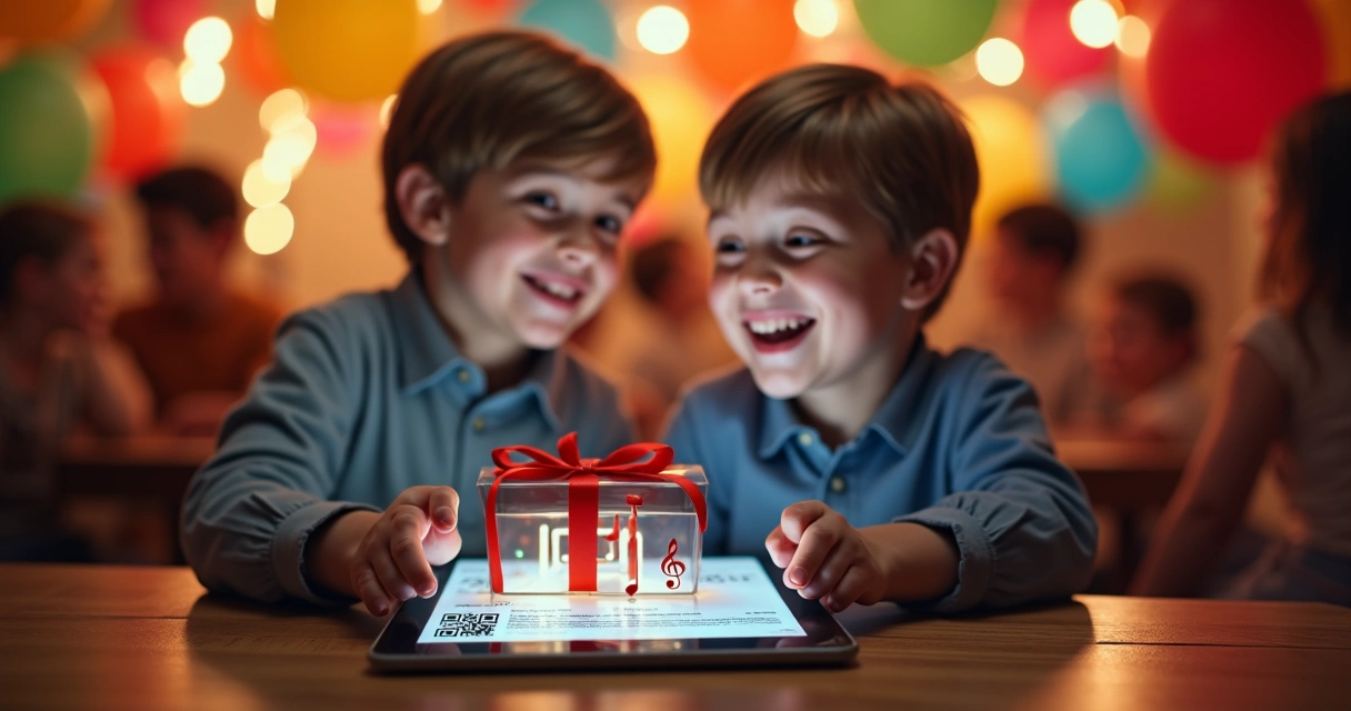 Menino sorridente recebendo presente digital com tablet na festa 